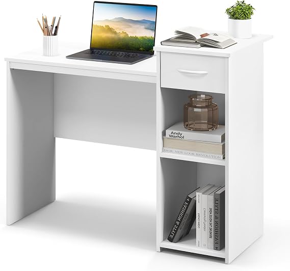 Tangkula White Desk with Drawer, Modern Computer Desk with Adjustable Shelf & Cable Hole, Compact Writing Study Desk, Wooden Computer Workstation for Home or Office, White