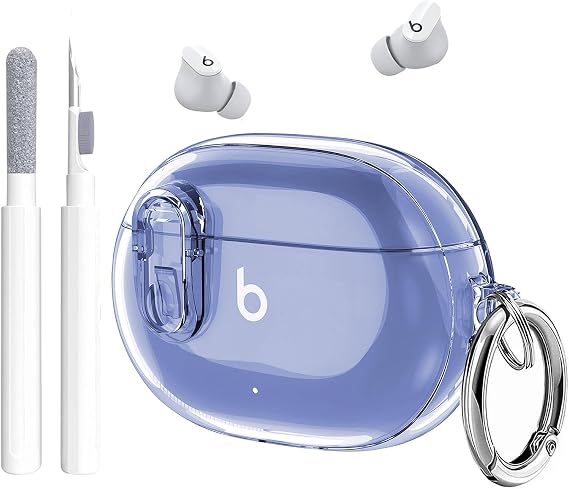 Beats Studio Buds/Buds Plus Case Cover Clear 2021/2023 Men Lock Clip with Clean Kit, GARTOO Protective Case and Cleaning Pen Compatible with Beat Studio Bud + for Women Girls Kids, Clear Blue