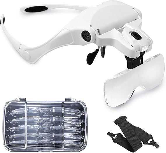 kafa bandı büyüteç gözlüğü, LED ışıklı, eller serbest arama, kuyumcu, saatçi hobi, 5 lens, 1.0X 1.5X 2.0X 2.5X 3.5X (tekrar kullanılabilir)