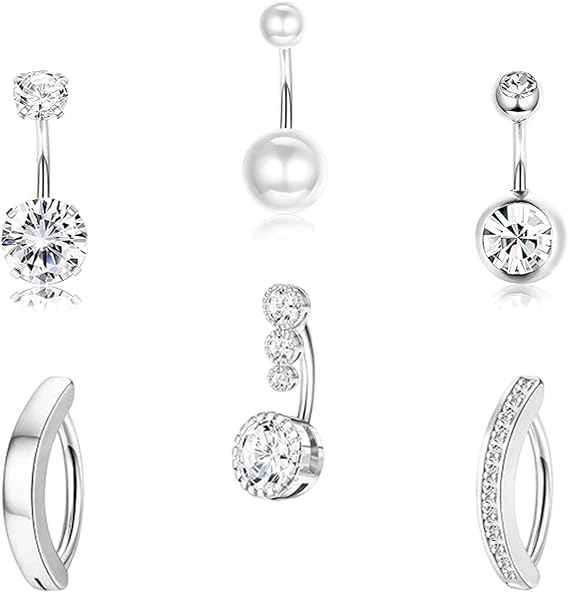 CocCCoon 6PCS Silver Belly Button Rings 14G Navel Bars for Women Girls Clicker