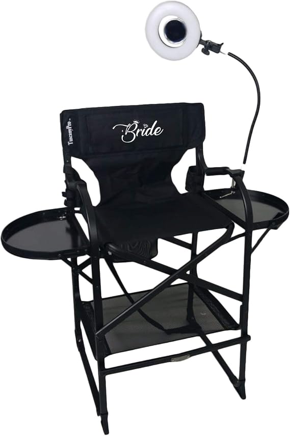 Bridal Tall Heavy Duty Director Chair with Mini Ring LED Light - Perfect for Wedding Makeup for Bride - Italian Design with Adjustable Seat Height - Carry Bag Included