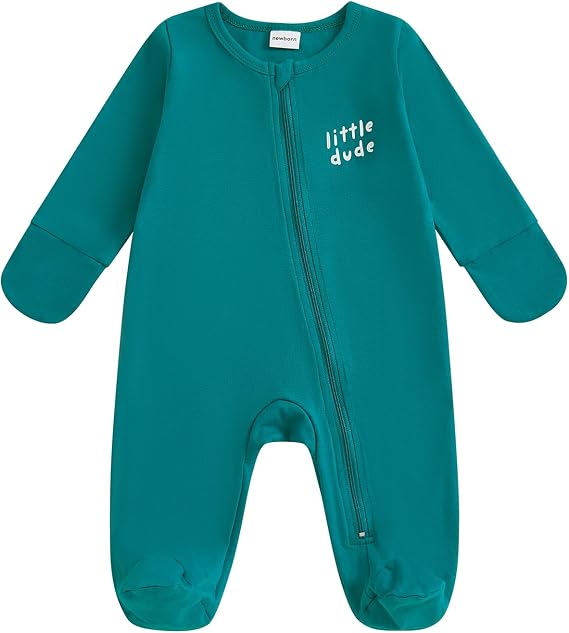 Newborn Boy Girl Clothes Footie Romper Little Dude Zipper Long Sleeve Onesie Coming Home Outfit Neutral Baby Clothes (Green, 0-3 Months)