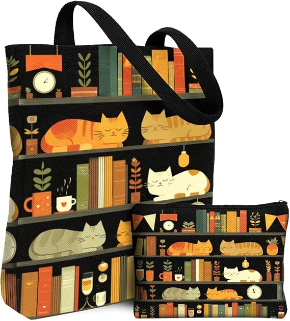 2 Pack Canvas Tote Bag with Makeup Pouch Bookshelves and Cats Tote Bag Cosmetic Pouch with Zipper Aesthetic Cute Canvas Bags for Women Shoulder Totes for Shopping Work Gym