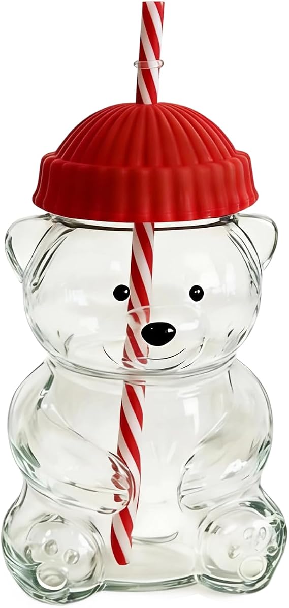 Cute Bear Straw Cup, Thickened Glass Coffee Cup with Lid, Glass Tumbler with Straw for Hot and Cold Drinks for Office and Home for Kids and Adults