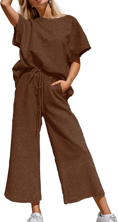 Women's 2 Piece Outfits Tops Wide Leg Pants Sets | Short Batwing Sleeve Pullover Tops, Wide Leg Pants, Adjustable Drawstring, Homewear Loungewear Casual Lounge Sets, Loose