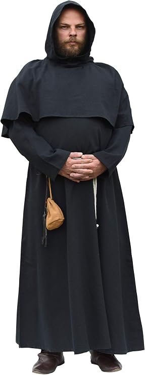 Battle-Merchant Monk Robe Benedikt Hooded Cloak Medieval Priest or Friar Costume, LARP & Cosplay Coat Black or Brown