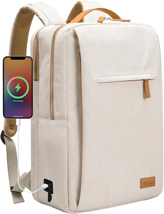 Hp hope Laptop Backpack for Women Travel, Durable Backpacks Carry On, with USB Charging Port, Fits 15.6 Inch Laptop, Waterproof, Resistant Luggage Business Weekender Bag, Beige