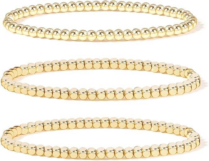 Badu Gold Plate Bead Bracelet for Women 14K Gold Plated Bead Ball Bracelet Stretchable Elastic Hypoallergenic Bohemian Stackable