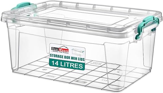 Best House | 14L | Plastic Storage Box with Lids | Size (L:49.2cm W:32.4cm H:13.6cm) | Set of 1 | Flat Shape |Stackable Clear Multipurpose Home Office Kitchen Tools Crafts Bits N Pcs -14 Litres