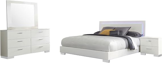 Coaster Home Furnishings Felicity Contemporary 4-piece Bedroom Set Eastern King Size LED Panel Bed Frame 49-inch Headboard White High Gloss 203500KE-S4