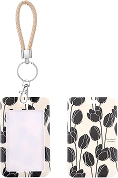 Sibba ID Card Badge Holder Key Chain with Metal Keyring Heavy Duty Key Card Work Badge Clip Plastic Slide Open with ID Window Fashionable Vertical Cards Protector for Nurse Teacher Office Black Tulip