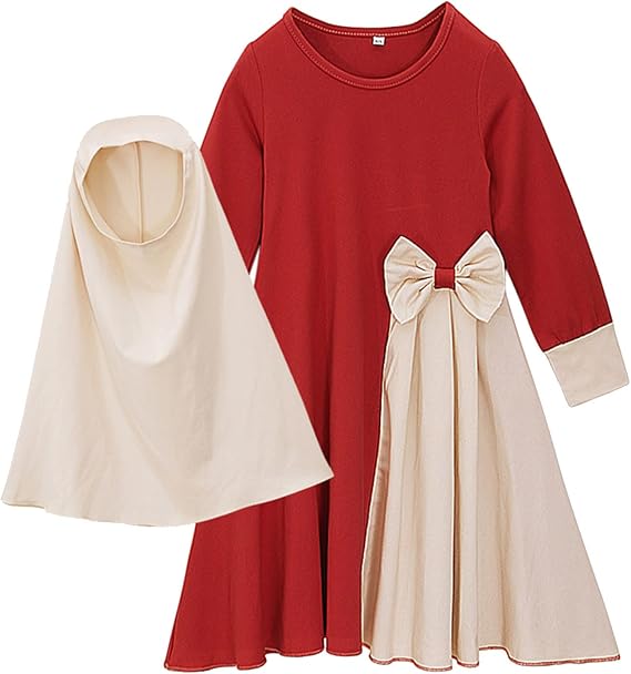 Newborn Baby Girl Muslim Abaya Sets Outfits Long Sleeve Arabic Dubai Dress with Hijab Turban (Red, 6-12 Months)