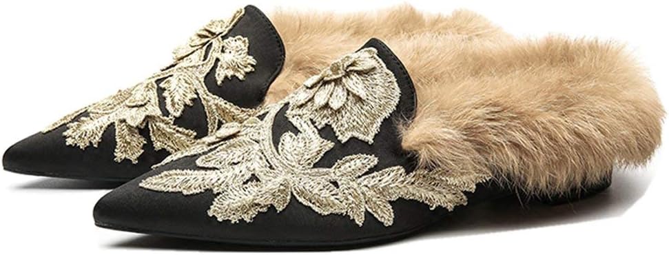 Fericzot Slip On Loafers Womens Embroidery Mule Shoes with Plush Lamb Fur Velvet Slippers Backless Pointed Toe Mule Slides
