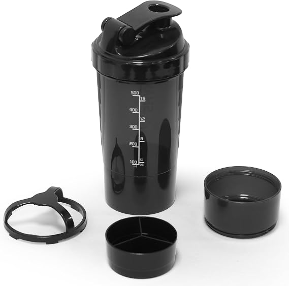 Protein Shaker Bottle,16 oz Shake Cup for Protein Powder with Storage,Sports Water Bottle,Non Slip 3 Layer Twist Off 3oz Cups with Pill Tray Leak Proof Shake Bottles for Protein Mixes