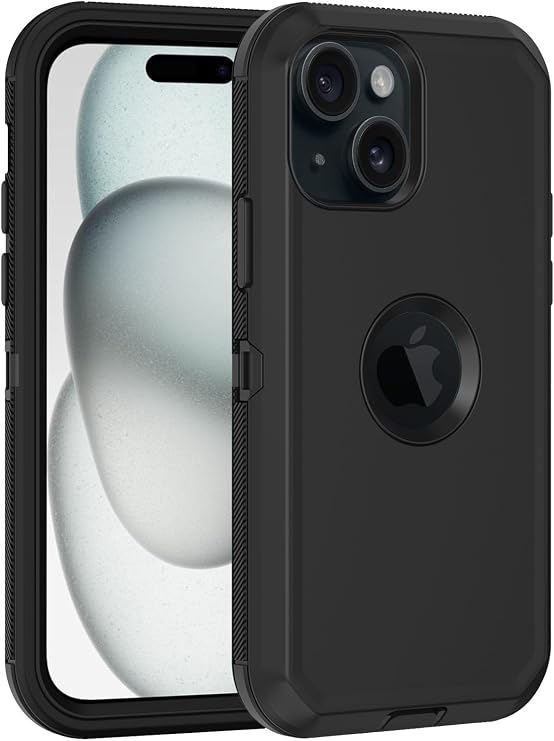 for iPhone 15 Case, with Built in Screen Protector Heavy Duty Drop Protection,Full Body 3 Layer Rugged Shockproof Dust Proof Tough Protective Phone Cover for Apple iPhone 15 Black