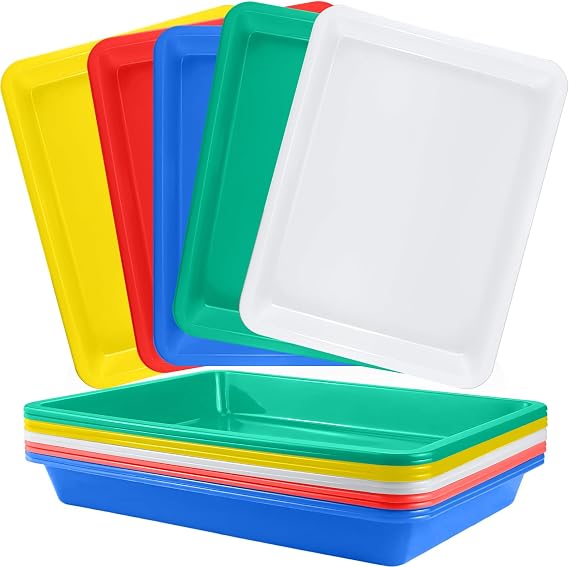 10Pcs Large Art Plastic Trays, 28x21x3cm Five Color Activity Sensory Tray, Reusable Non-Slip Play Crafts Organizer Trays for Painting, Beads DIY Organizing, Classroom Supplies, Lego, School, Home