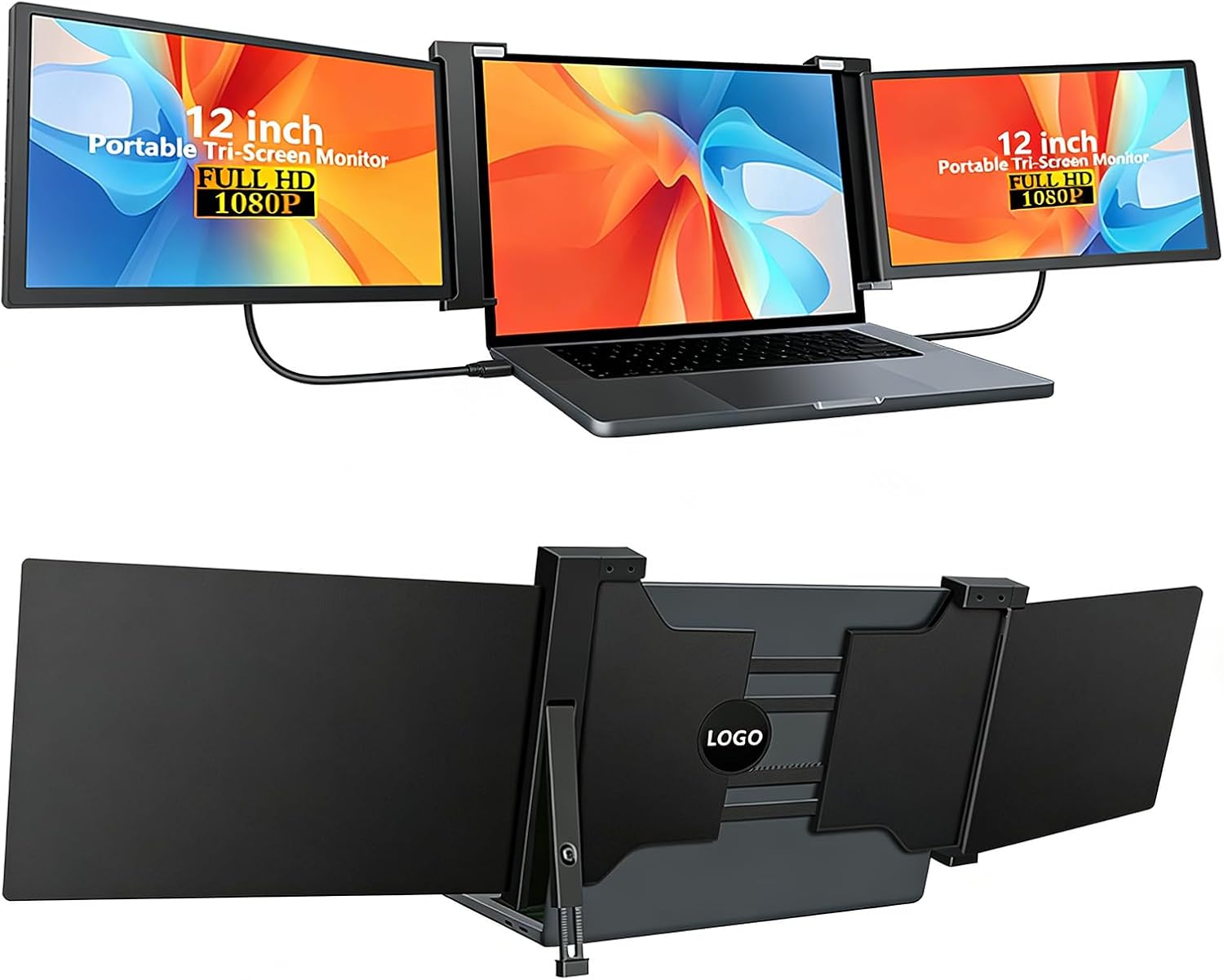 12インチ トリプルノートパソコンスクリーンエクステンダー 1080P IPS FHD ポータブルノートパソコンモニター拡張 プラグアンドプレイスクリーンエクステンダー USB-C/HDMI付き Mac/Windows/Chrome/Android用 ディープブラック