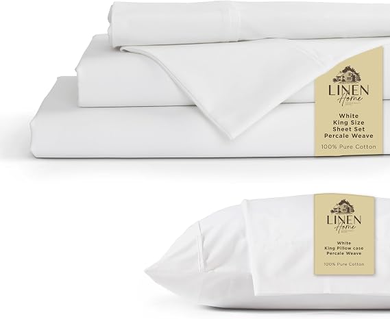 100% Cotton Percale 6-Piece Bedding Bundle- 4 Pieces Sheet Set + 2 Pieces of Pillowcase, Crisp and Cool Strong Bed Linen King, White