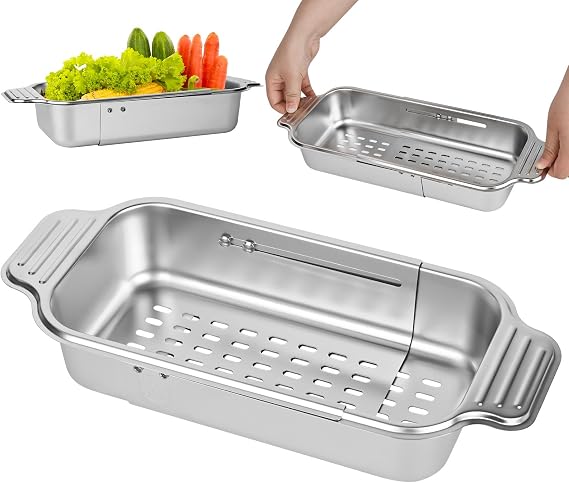 Stainless Steel Sink Strainer Extendible Strainer Basket Over Sink Strainer Kitchen Strainer Strainer Basket Sink Pasta Strainer for Draining Vegetables