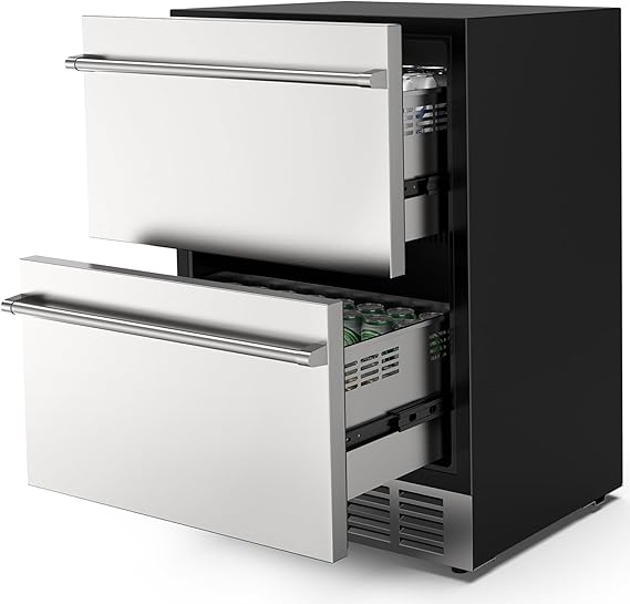 Mojgar 24" Under Counter Beverage Refrigerator, Indoor/Outdoor Fridge with Double Drawer Storage, Quiet 38dB Compressor & Weather-Proof Stainless Steel Beverage Fridge for Home, Patios, Restaurants