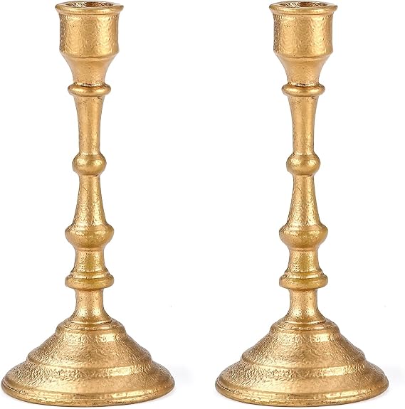 Antique Brass Candle Holders Set of 2 Heavy Duty Cast Iron Candle Stick Holder for Table Centerpiece Home Decor Gift