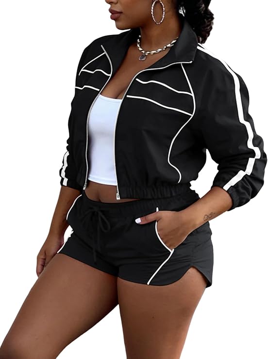 Women Tracksuits 2 Piece Outfits Zip Up Cropped Jacket Biker Shorts Sets
