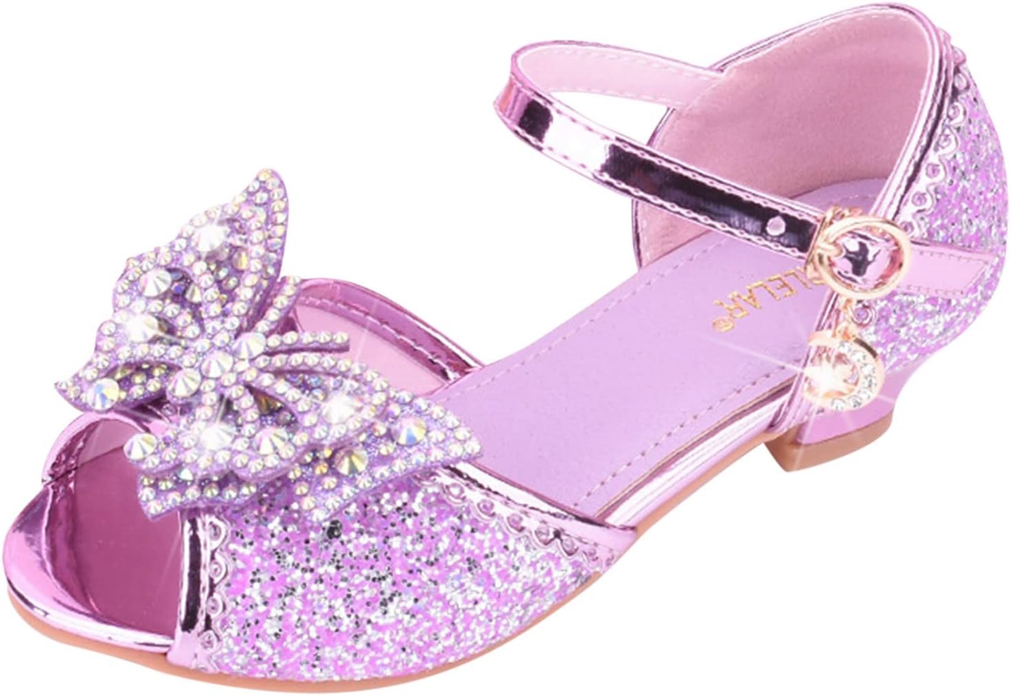 Girls Kids Sequins Pearl Bow Sandals High Heels Ankle Closed Toe Summer Princess Shoes Slip On Comfy Dress Dance Loafers