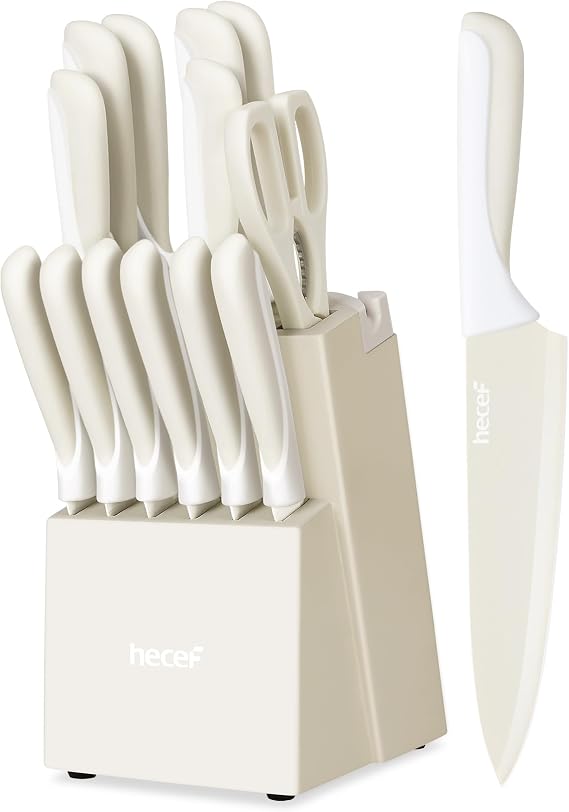 hecef 15Pcs Cream White Kitchen Knife Set, Built-in Sharpening Wooden Block