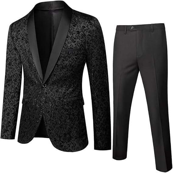 Cloudstyle Mens 2 Piece Floral Jacquard Dress Suit Set Dinner Jacket Pants | Textured bloom pattern single button front coordinated separates for weddings banquets ceremonies receptions stage shows