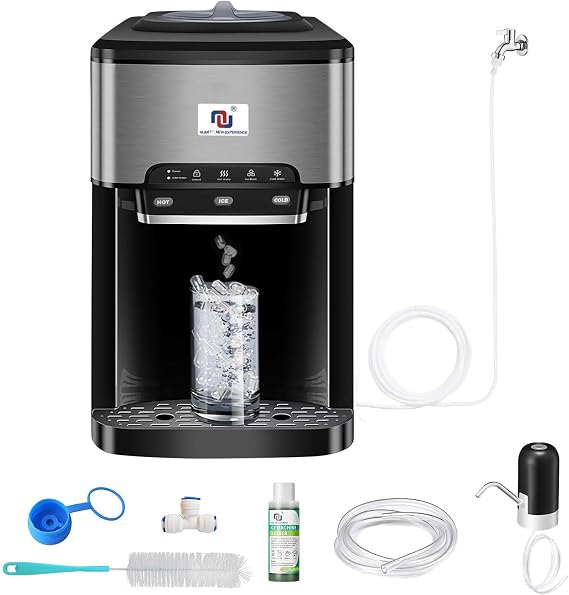 NUNET 3-in-1 Countertop Ice Maker Hot/Cold Water Dispenser Cooler Fill Water Manually/by Water Line,10ft Water Inlet Hose 1/2" &1/4" Connector, Making 44 lbs Ice Daily at 160W, 4lb Ice Storage