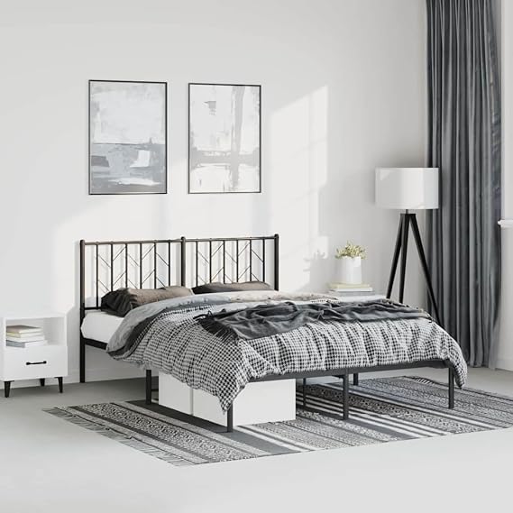 King Size Bed Frame Black Powder-Coated Steel Mattress Base Modern Rectangular Platform Bed with Headboard for King Mattress 61.4 x 81.5 x 35.4 in Bedroom