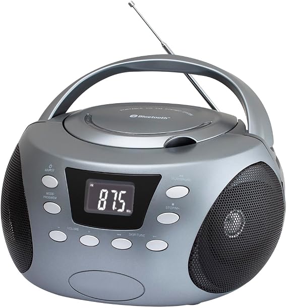 HANNLOMAX HX-332CD CD Boombox, Alarm Clock Radio, Bluetooth (Silver Grey) | FM Radio, Digital Clock, Dual Alarm, LCD Display, Rod Antenna, Aux-in, AC/DC Dual Power Source