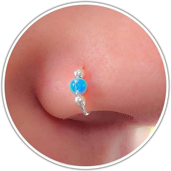 Comfortable Silver Nose Ring - Delicate 925 Sterling Silver Hoop with 3mm Blue Opal - Thin Trendy 20 Gauge 7mm Hammered Nose Piercing Jewelry