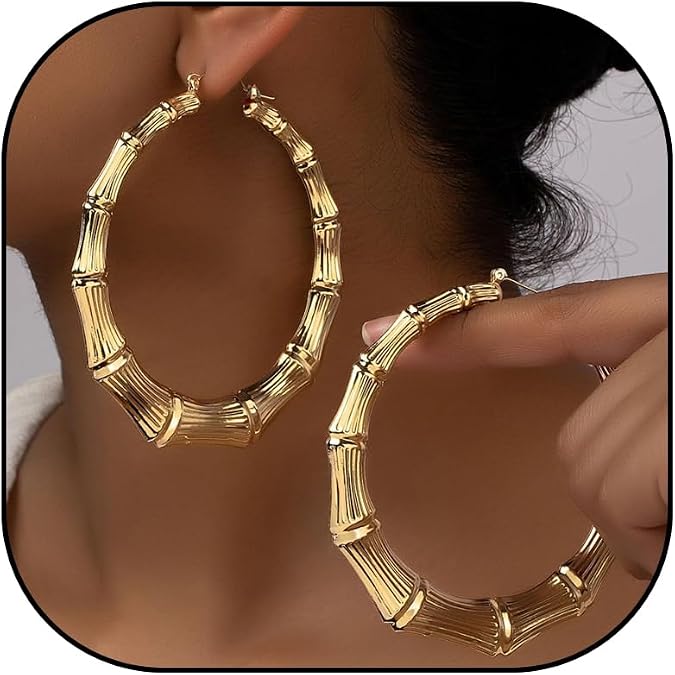 Bamboo Earrings for Women 90s Outfits for Women Large Gold Bamboo Hoop Earrings Hip Hop 80s 90s Jewelry Gifts 2000s Outfits Party Y2K Custom Accessories