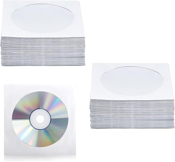 200 PCS CD DVD Sleeves, Premium White Paper CD DVD Sleeves Envelope Sleeves Holder with Clear Window and Close Flap 120 Gram Weight Paper Compatible with Standard Size CD DVD