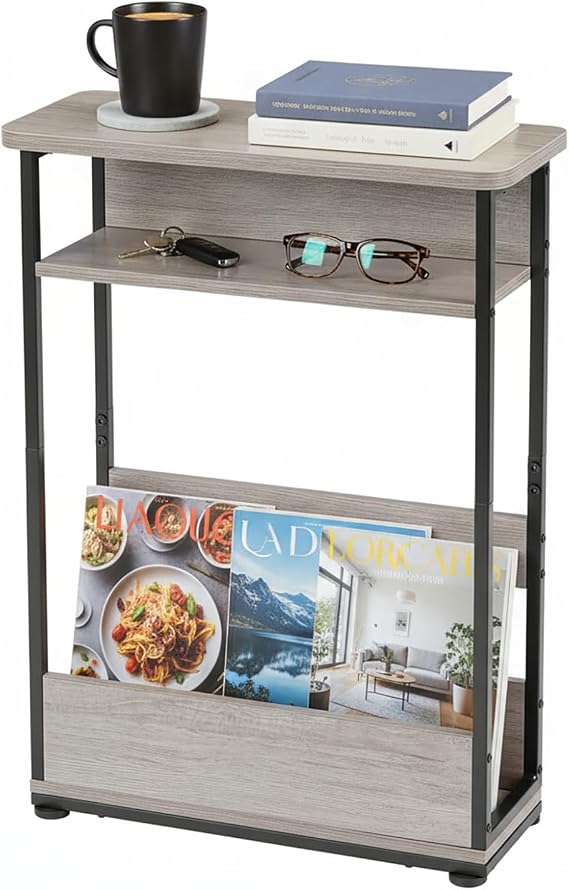 Narrow Side Table,3-Tier Slim End Table with Storage Shelf,Modern Sofa Table Thin Side Table for Narrow and Small Spaces, Skinny Bedside Table Small Nightstand with Magazine Rack Space Saving/Oak