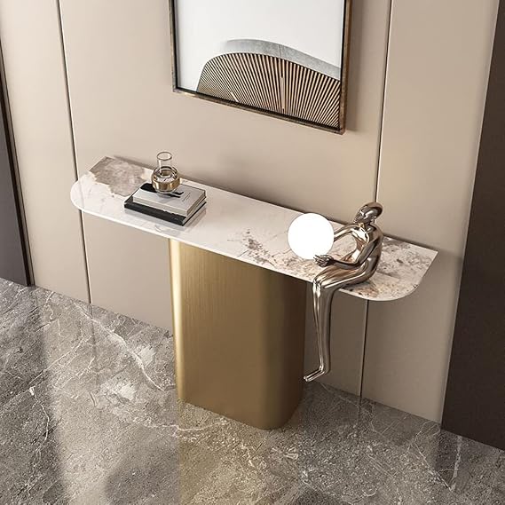 Contemporary Console Accent Table Antique Finish Half Moon Console Table Against the Wall Narrow Table Rock Slab Door Entry Porch Cabinet Semi-circular Porch Table Bronze 55"L x 14"W x 33"H