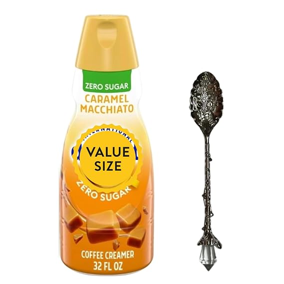 Premium Liquid Coffee Creamer, 32 fl oz Liquid Non-Dairy Creamer for Coffee with D.A. Coffee Gem Spoon (Zero Sugar Caramel Macchiato) Gem Spoon