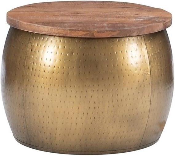 Allora 16" x 22.5" Modern/Contemporary Metal Drum End Table/Decorative Accent Table with Storage, Removable Mango Wood Top, Fully Assembled, in Brass Finish