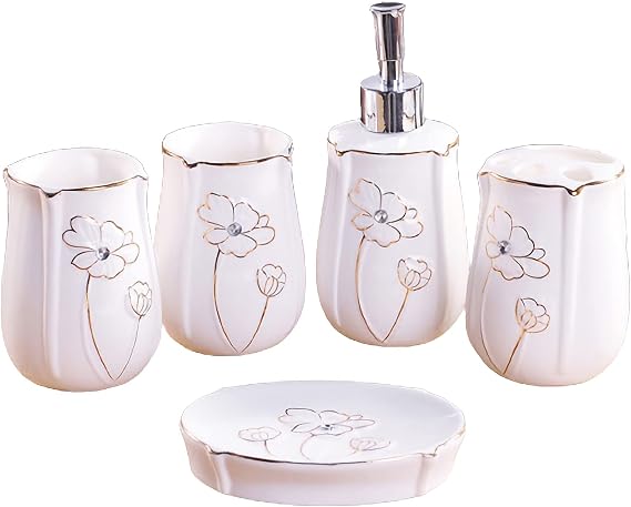 Bathroom Accessories Set (Inlaid Zircon) Ceramic 5 Pieces for Bath Decor Includes Lotion Dispenser Toothbrush Holder Tumbler Soap Dish,White