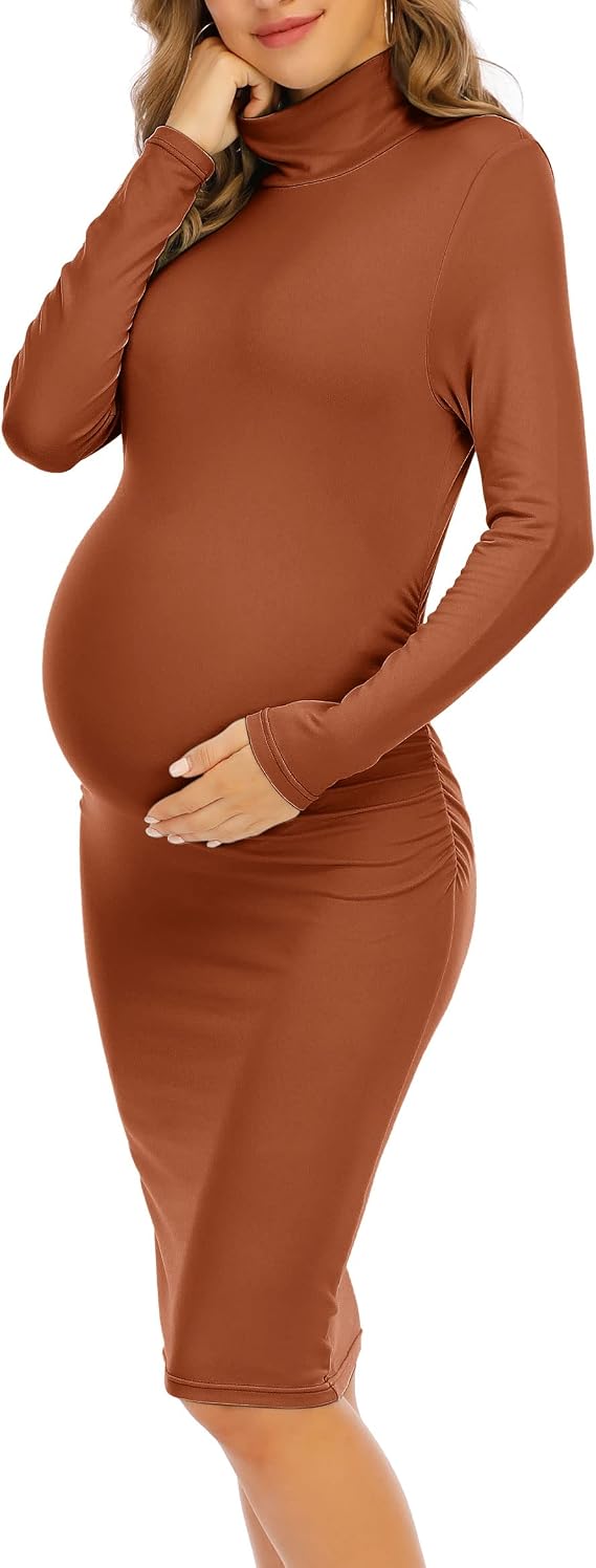 Maternity Dresses for Women Winter Long Sleeve Maternity Bodycon Dress for Baby Shower Maternity Photoshoot Rust