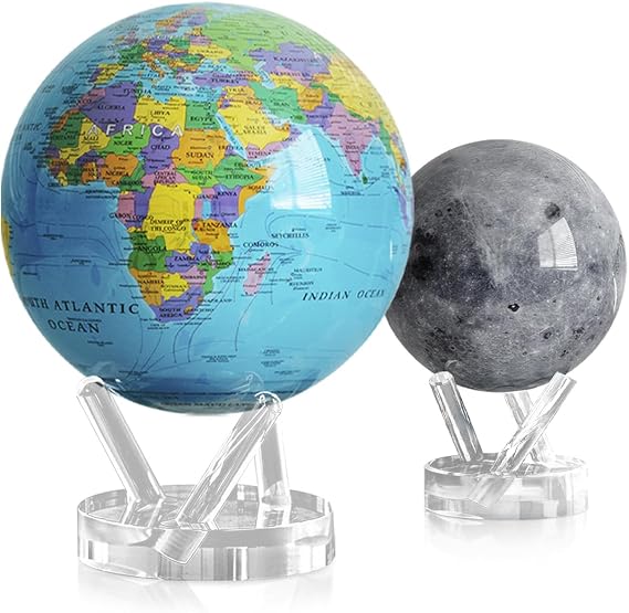 MOVA Globe Bundle Blue Political Map 8.5 + Moon Globe 4.5 | Solar-Powered Motion | No Batteries or Wires | Educational & Decorative Gift Set