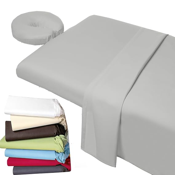 Shreem Linen Microfiber Massage Sheet Set 3-Piece for Massage Tables, Includes Massage Flat Sheet, Massage Fitted Sheet, and Massage Face Cradle Cover for Beauty Salon Spa, Light Grey