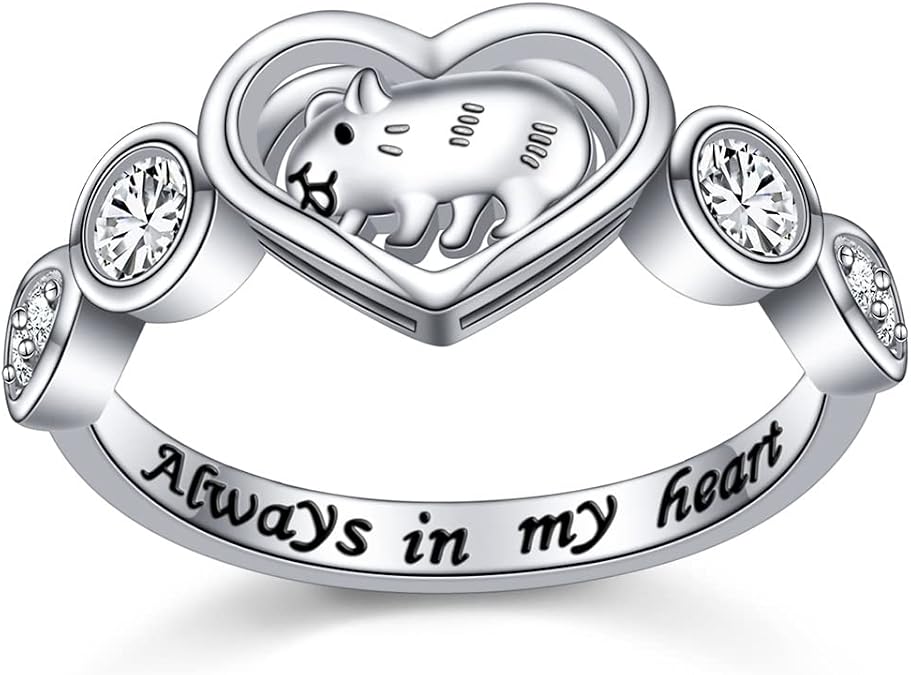 Guinea Pig Jewelry Set 925 Sterling Silver Guinea Pig Pet Hamster Ring Engraved Always in My Heart Cute Animal Stud Earrings and Necklace Jewelry Gift for Women Daughter
