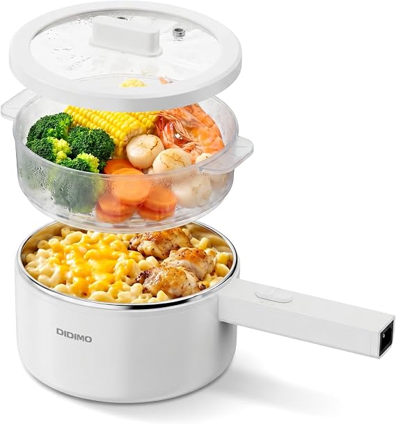 Electric Hot Pot, 1.7QT Portable Electric Ramen Cooker with Steamer | Dual Power, Stainless Steel Inner, Electric Pan for Cooking Steak, Oatmeal, Soup, Eggs, Small Food Steamer Hotpot for Dorm