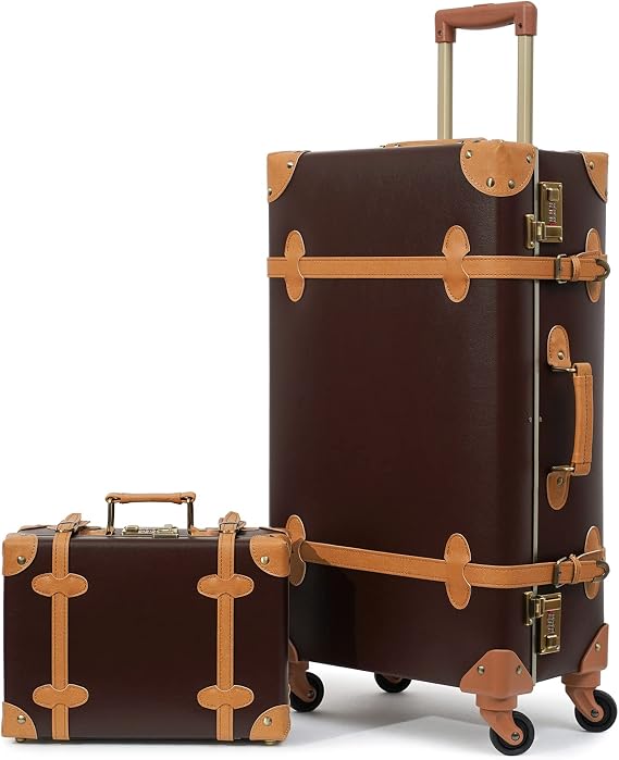 urecity Vintage Luggage Set of 2, Retro Suitcase Trunk with Wheels for Men and Women, Cute Designer Travel Luggage Set with Boarding Tote