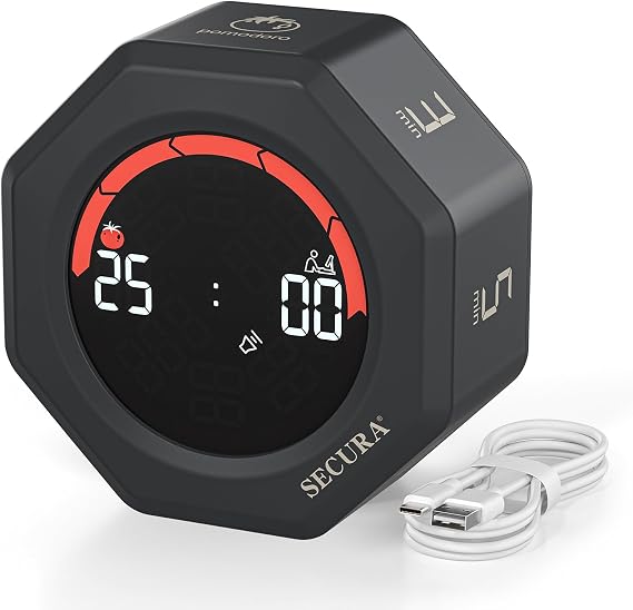 Secura Pomodoro Cube Timer, 3, 5, 10, 25, 30, 60 Minutes Preset (Dark Gray)