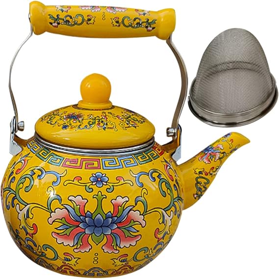 Healeved Enamel Tea Kettle with Ceramic Handle and Infuser 2.2L Water Kettle Coffee Pot Classic Floral Tea Kettle Steel Teapot for Stovetop Induction Cooker No Whistling Yellow