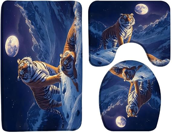 Winter Tiger Bathroom Rug Set of 3,Cool Animal Snowy Mountain Full Moon Night Nature Scenery Wildlife Jungle Bath Mats Set for Bathroom, Washable Cover Floor Rug Decor 16x24 Inch
