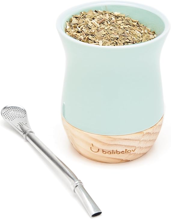 BALIBETOV 8 fl oz Traditional Yerba Mate Set – Ceramic Mate Cup, Wooden Base & 1 Bombilla – Easy to Clean – Reusable Design – For Yerba Mate, Tea & Other Beverages